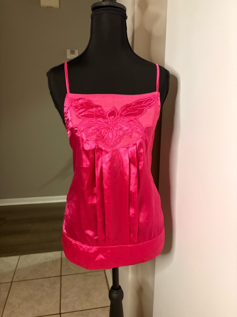 Hot Pink Satin Embroidered Spaghetti Strap Women's Top